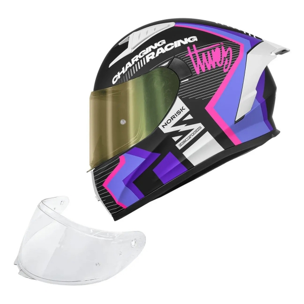 Capacete Moto Feminino Norisk Flow Pulse Run Vizion Branco Rosa Roxo C/ Aerofólio + Viseira  Extra