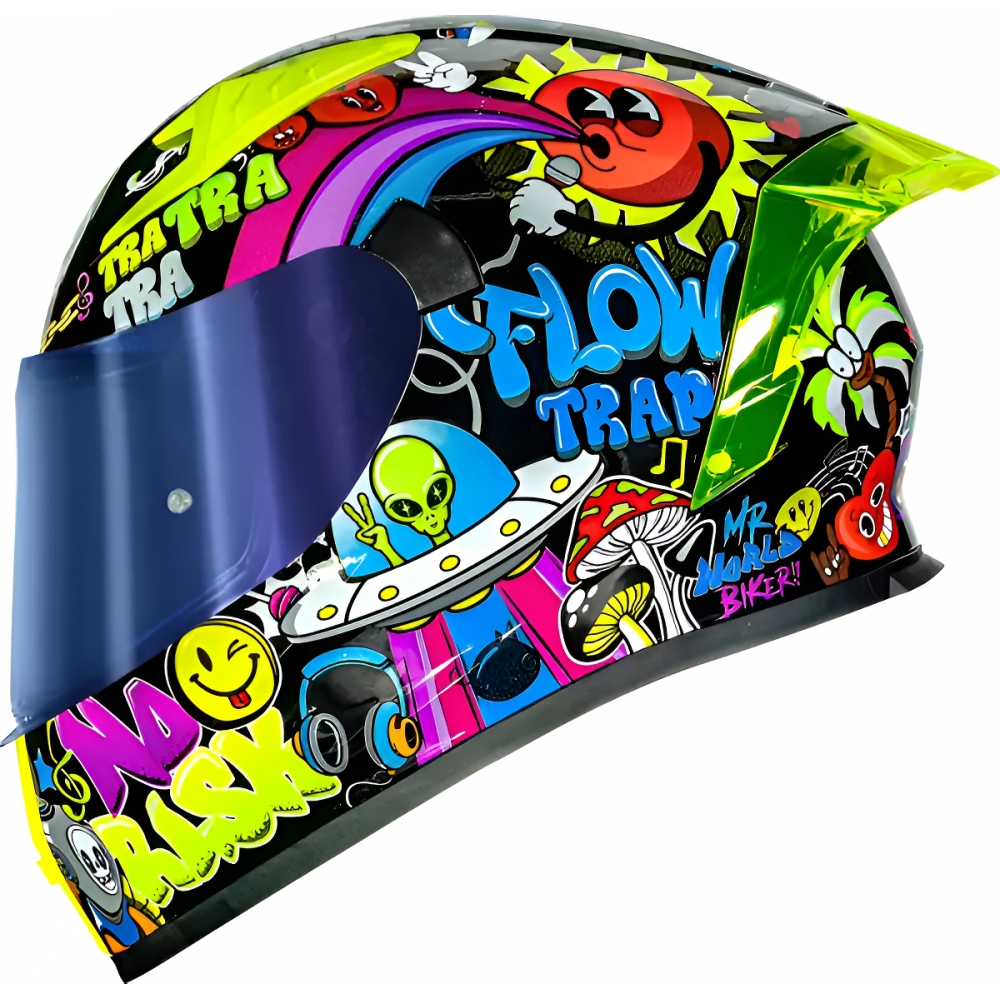 Capacete Moto Norisk Flow Trap Desenho Preto Amarelo Feminino Masculino C/ Spoiler + Viseira Extra