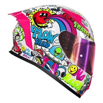 Capacete Moto Fechado Norisk Flow Trap Desenho Branco Rosa Feminino Masculino C/ Spoiler + Viseira