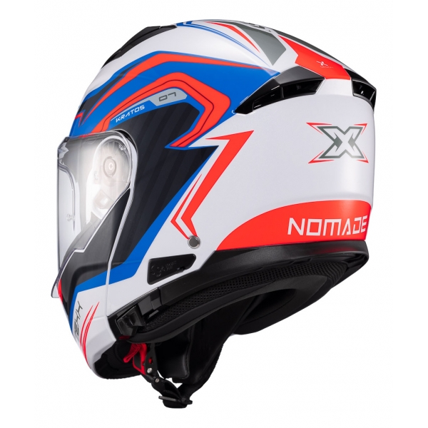 Capacete Moto Articulado Robocop Texx Kratos Nomade Bmw Branco Azul Escamoteável C/ Óculos
