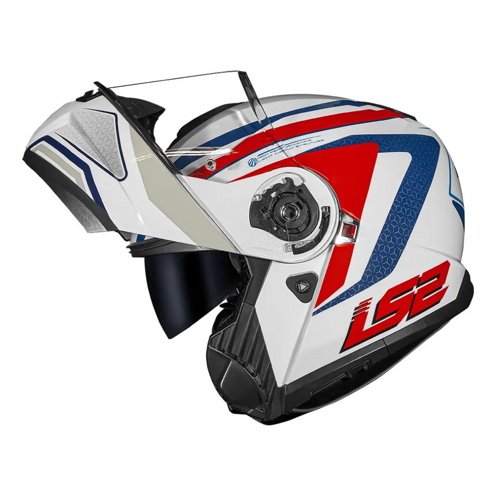 Capacete Moto Robocop Articulado LS2 FF908 Strobe 2 Phantom Branco Vermelho Escamoteável C/ Óculos
