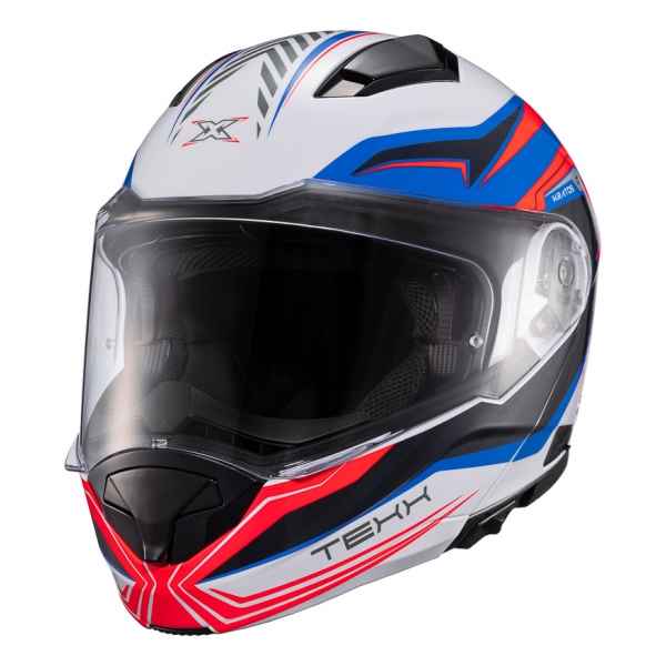 Capacete Moto Articulado Robocop Texx Kratos Nomade Bmw Branco Azul Escamoteável C/ Óculos