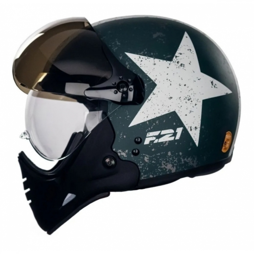 Capacete Moto Custom Peels F21 F-21 Us Army Tank Militar Aviador C/ 2 Viseiras Queixeira Removível - Verde Fosco