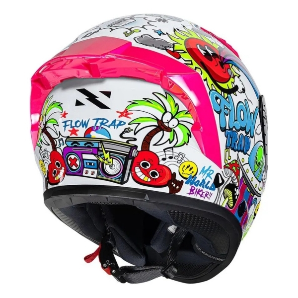 Capacete Moto Fechado Norisk Flow Trap Desenho Branco Rosa Feminino Masculino C/ Spoiler + Viseira