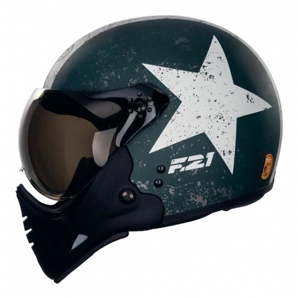 Capacete Moto Custom Peels F21 F-21 Us Army Tank Militar Aviador C/ 2 Viseiras Queixeira Removível - Verde Fosco