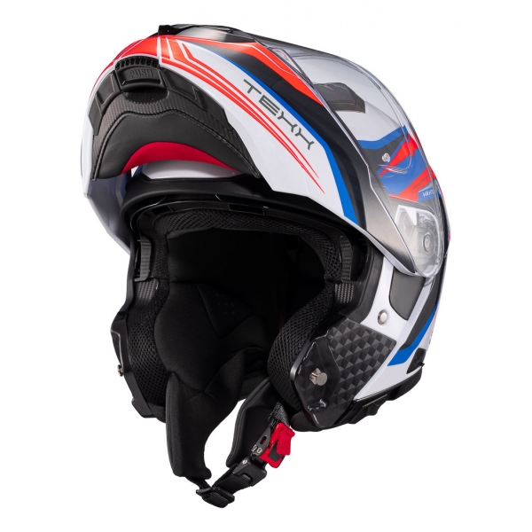 Capacete Moto Articulado Robocop Texx Kratos Nomade Bmw Branco Azul Escamoteável C/ Óculos