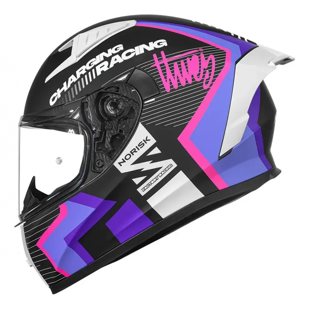 Capacete Moto Feminino Norisk Flow Pulse Run Vizion Branco Rosa Roxo C/ Aerofólio + Viseira  Extra