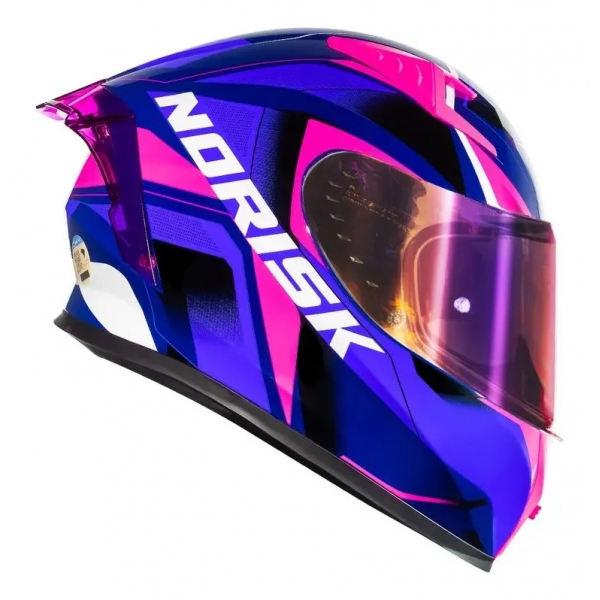 Capacete Moto Feminino Norisk Flow Pulse Azul Rosa Esportivo C/ Spoiler + Viseira Extra