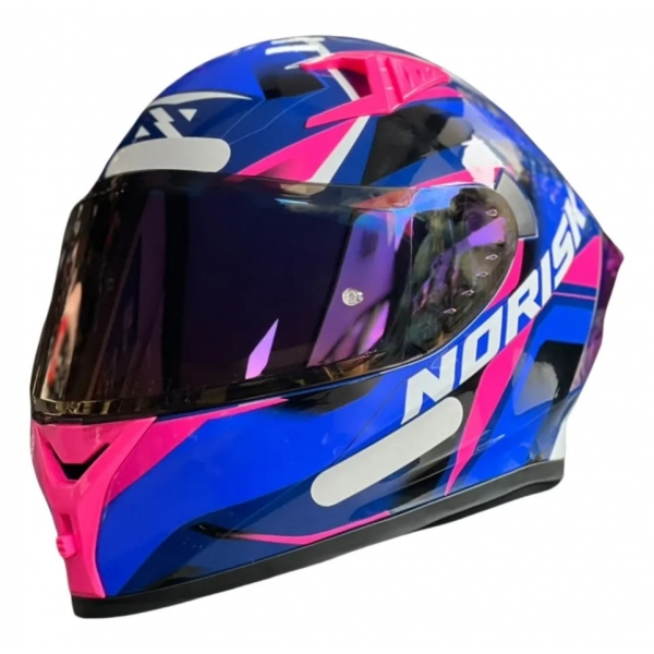 Capacete Moto Feminino Norisk Flow Pulse Azul Rosa Esportivo C/ Spoiler + Viseira Extra