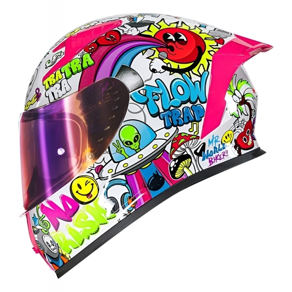 Capacete Moto Fechado Norisk Flow Trap Desenho Branco Rosa Feminino Masculino C/ Spoiler + Viseira
