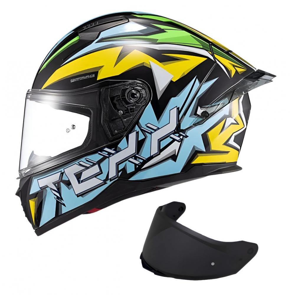 Capacete Esportivo Texx Raptor MotoGp Genesis C/ Spoiler + Viseira Extra Masculino Feminino - Azul Amarelo