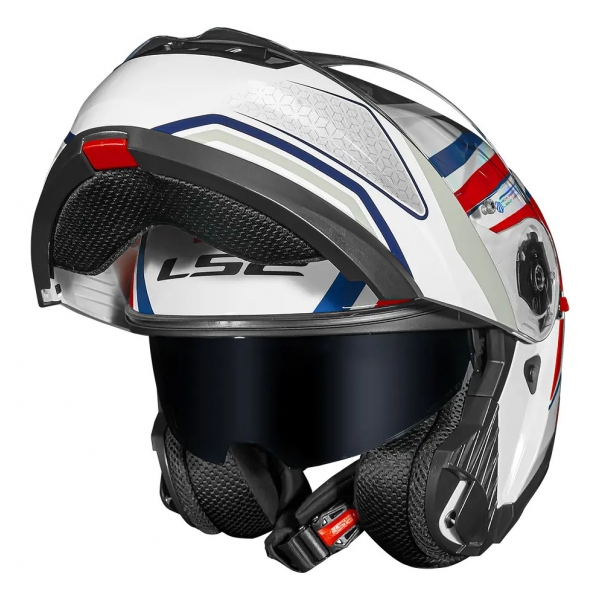 Capacete Moto Robocop Articulado LS2 FF908 Strobe 2 Phantom Branco Vermelho Escamoteável C/ Óculos