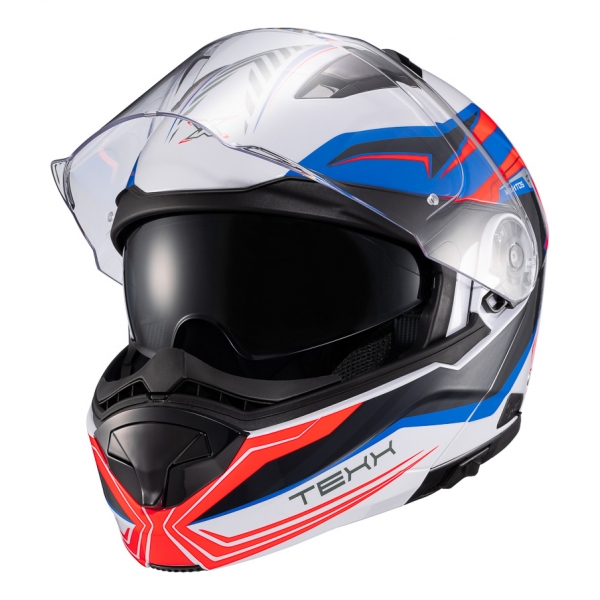 Capacete Moto Articulado Robocop Texx Kratos Nomade Bmw Branco Azul Escamoteável C/ Óculos