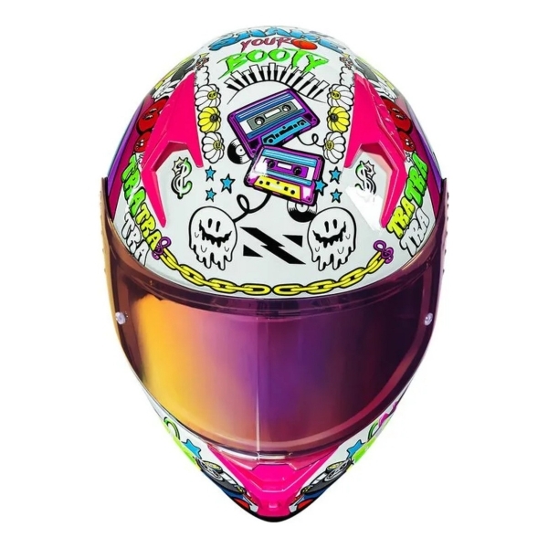 Capacete Moto Fechado Norisk Flow Trap Desenho Branco Rosa Feminino Masculino C/ Spoiler + Viseira