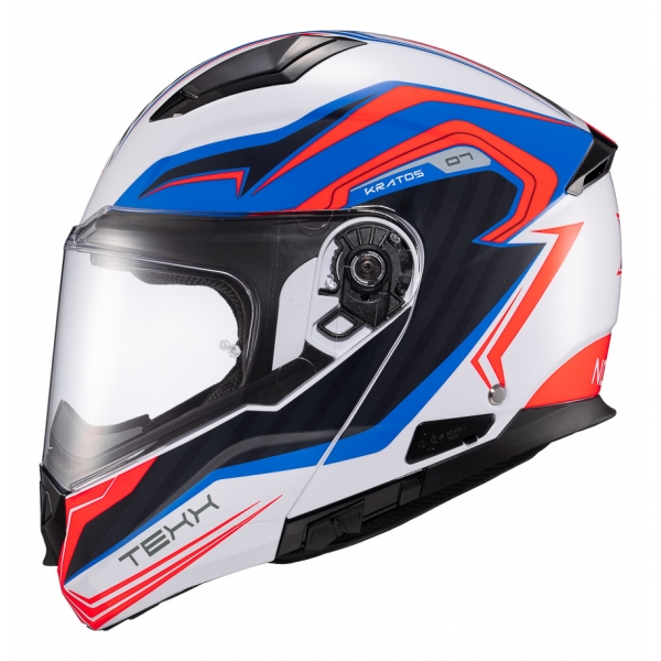 Capacete Moto Articulado Robocop Texx Kratos Nomade Bmw Branco Azul Escamoteável C/ Óculos