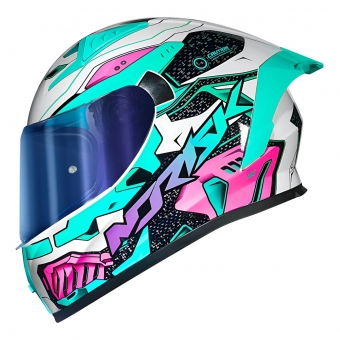 Capacete Moto Norisk Flow Robot Branco Rosa Verde C/ Spoiler + Viseira Extra Masculino Feminino