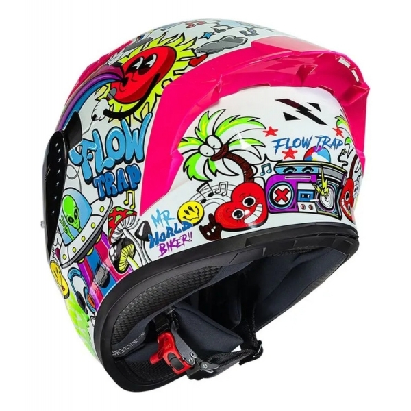 Capacete Moto Fechado Norisk Flow Trap Desenho Branco Rosa Feminino Masculino C/ Spoiler + Viseira