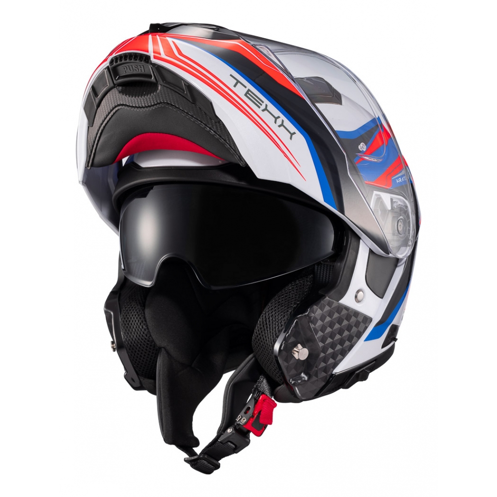 Capacete Moto Articulado Robocop Texx Kratos Nomade Bmw Branco Azul Escamoteável C/ Óculos
