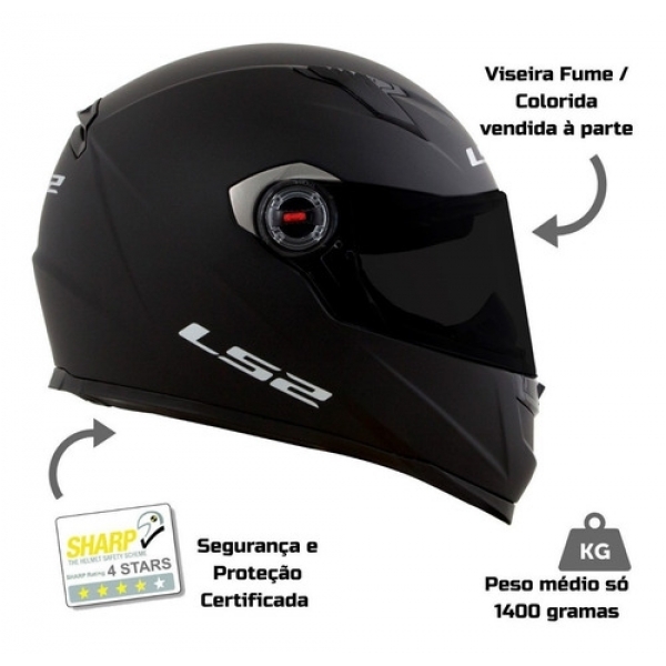 Capacete Moto Fechado Ls2 Ff358 Classic Monocolor Preto Fosco Esportivo Masculino Feminino