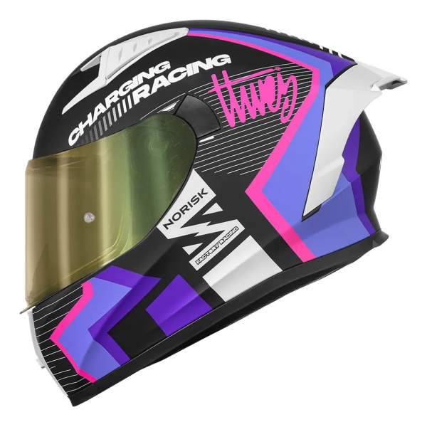 Capacete Moto Feminino Norisk Flow Pulse Run Vizion Branco Rosa Roxo C/ Aerofólio + Viseira  Extra