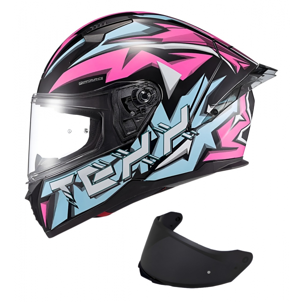 Capacete Esportivo Texx Raptor MotoGp Genesis C/ Spoiler + Viseira Extra Masculino Feminino - Azul Rosa